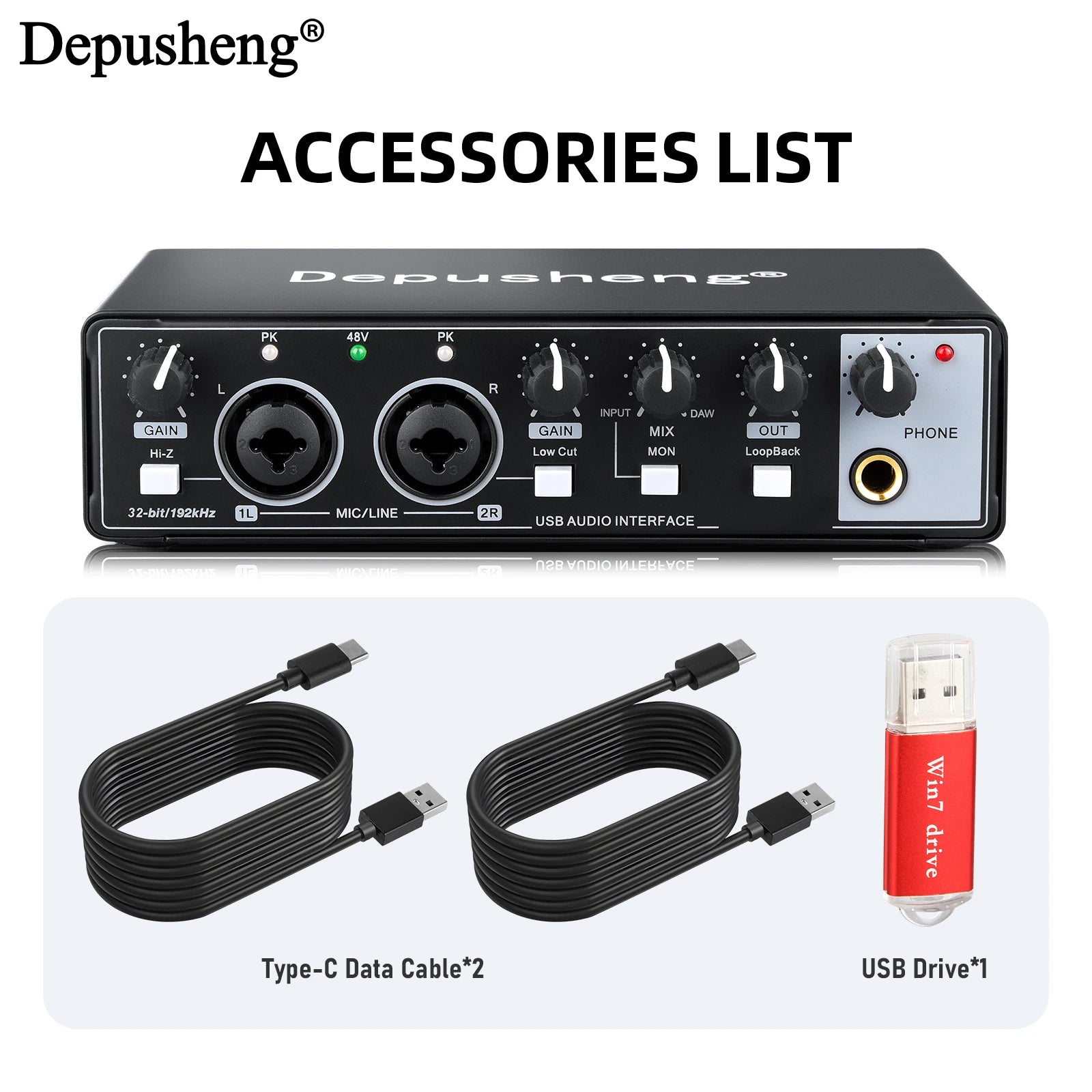 Audio Interface Portable Sound Card Mixer For 48V Mic 2 Channels Musical Instrument Line Input Recording