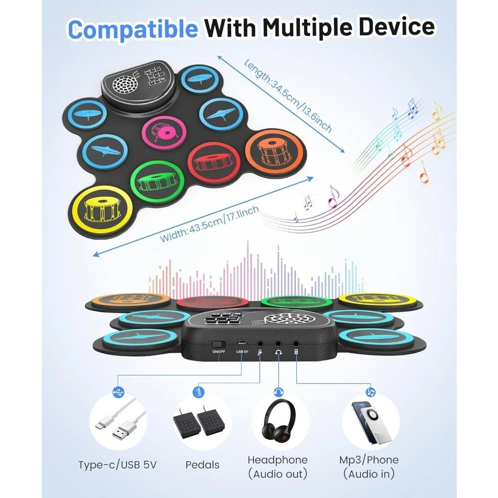 Electronic Drum Set 9-Pad Roll Up Practice Kit with Headphone Jack Built-in Speaker Pedals Sticks Gift for Kids