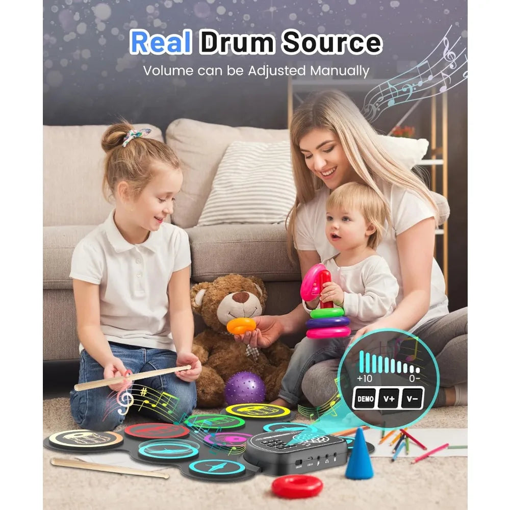 Electronic Drum Set 9-Pad Roll Up Practice Kit with Headphone Jack Built-in Speaker Pedals Sticks Gift for Kids