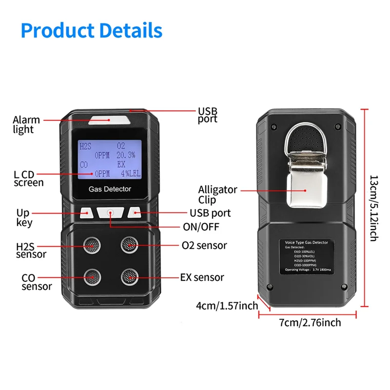 Best Pick Portable 4 Gas Detector Toxic And Combustible Gas Detector Analyzer High Precision EX O2 H2S CO US Plug