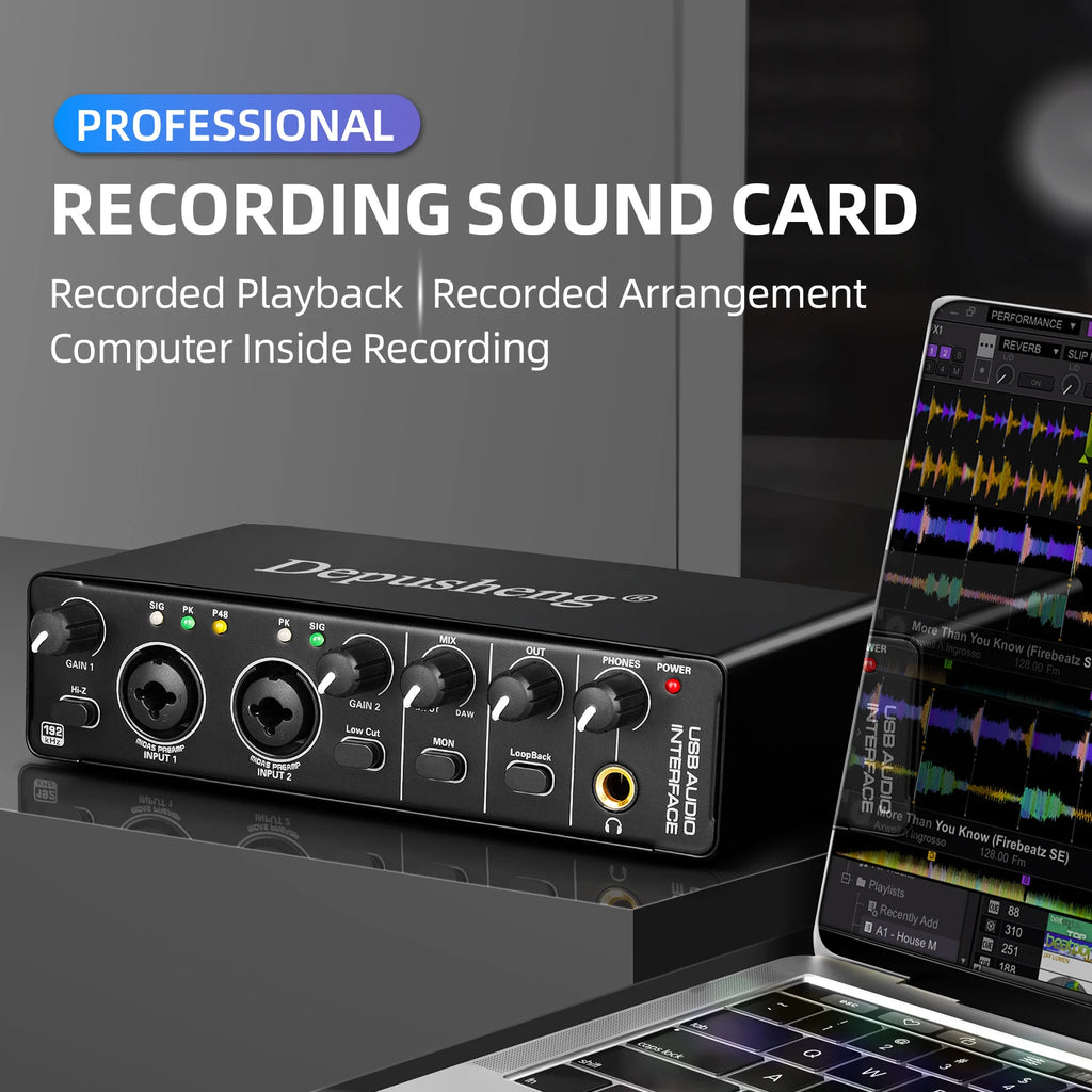 Audio Interface Portable Sound Card Mixer For 48V Mic 2 Channels Musical Instrument Line Input Recording