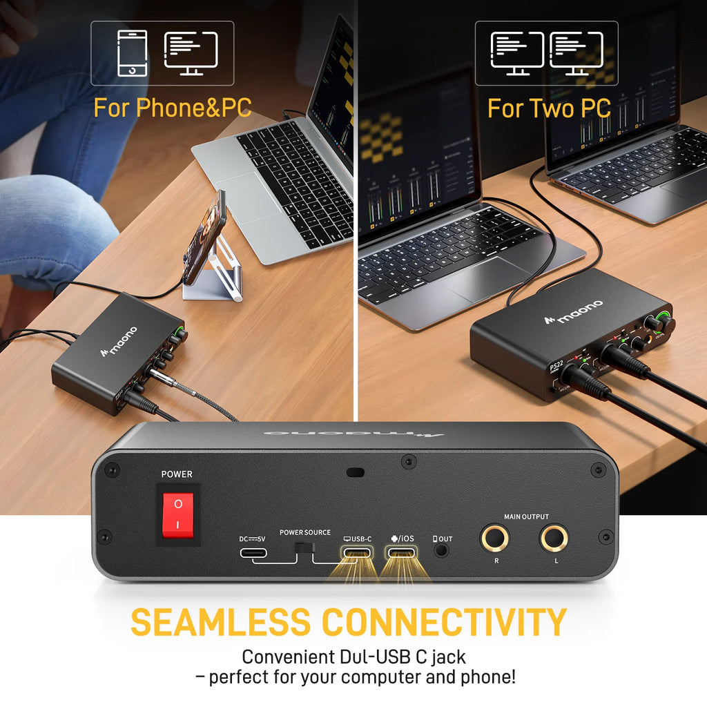 MAONO-PS22 USB Audio Interface for PC,60dB Pro-Preamp, 24bit 192kHz,Dual USB Interface for PC and Smartphone, Routing Software