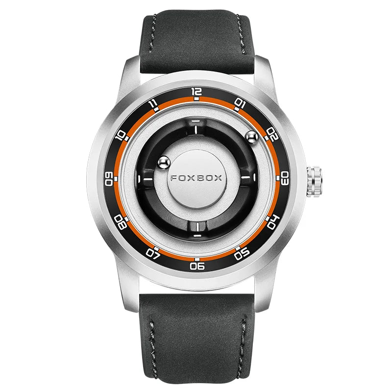 FOXBOX Magnetic Driven Watch Fashion Waterproof Quartz Wristwatch Rolling Steel Ball Pointer Sports Watches Military Clock+Box