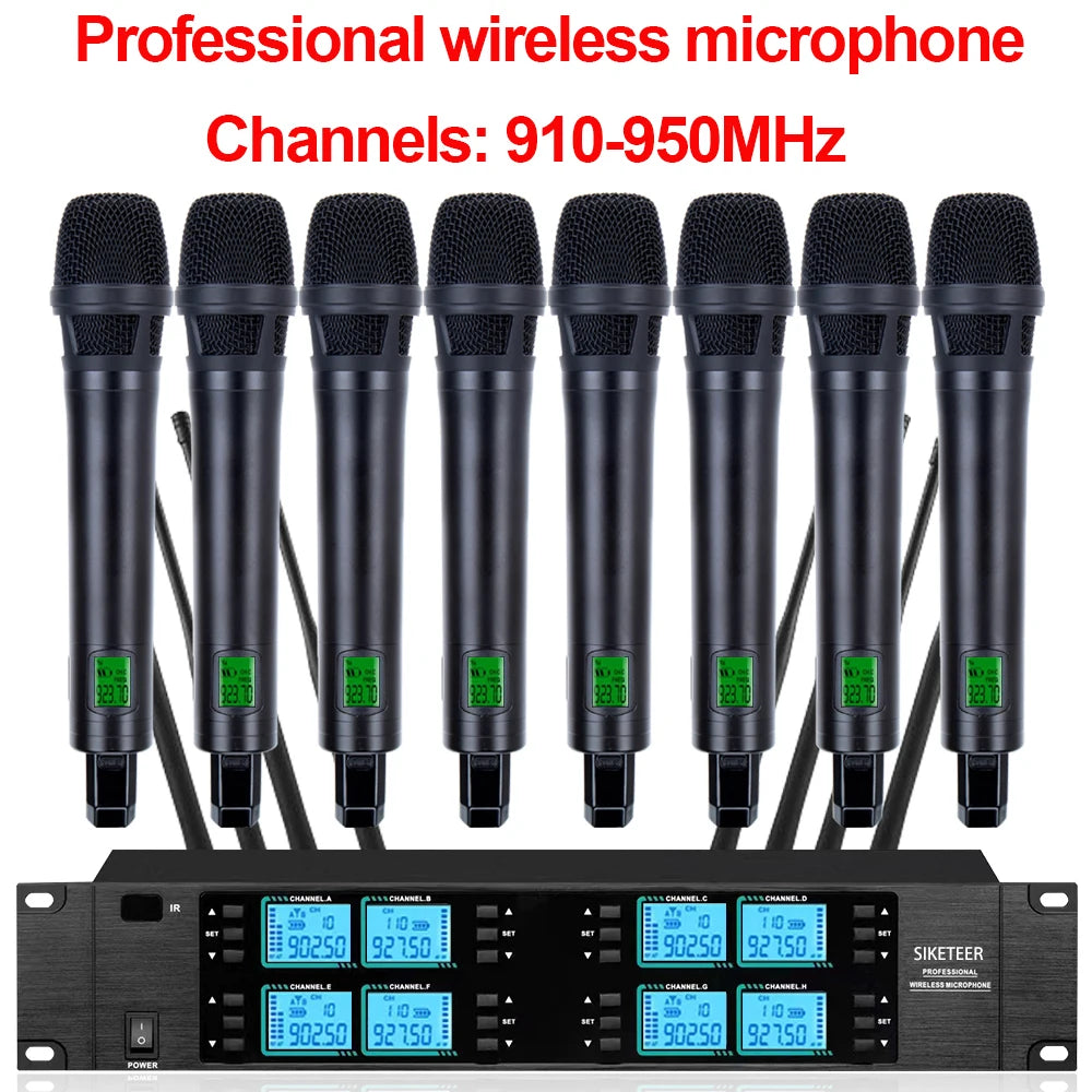Wireless microphone, 8 channels, 910-950MHz, handheld microphone, suitable for weddings, churches, and stage performances.