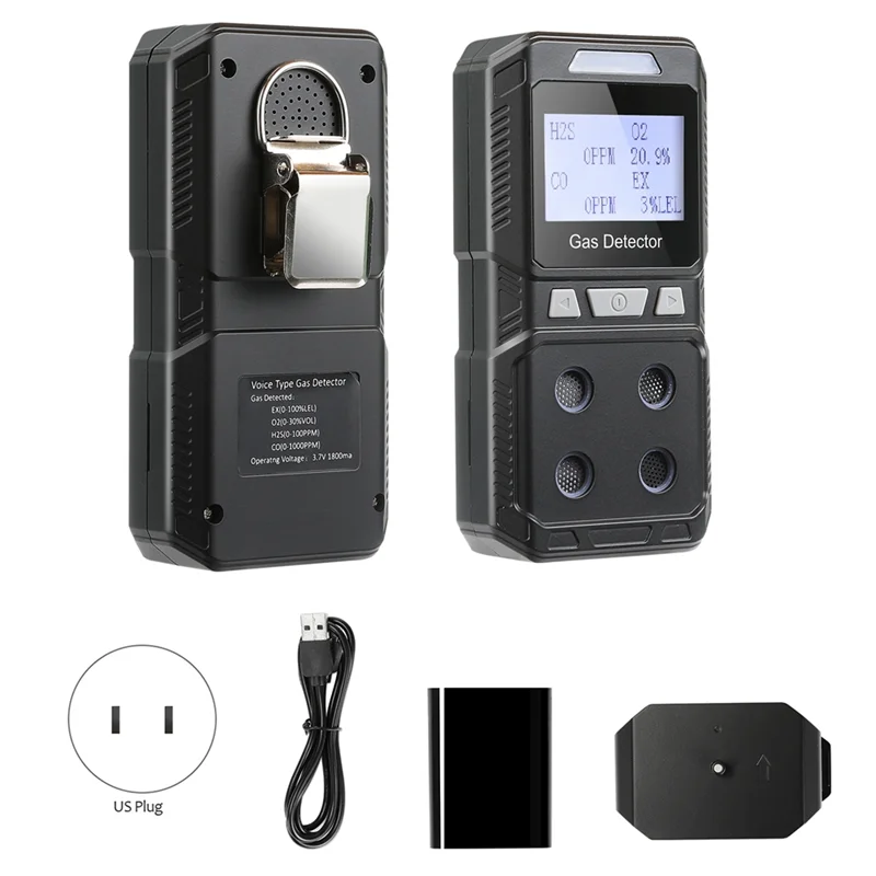 Best Pick Portable 4 Gas Detector Toxic And Combustible Gas Detector Analyzer High Precision EX O2 H2S CO US Plug