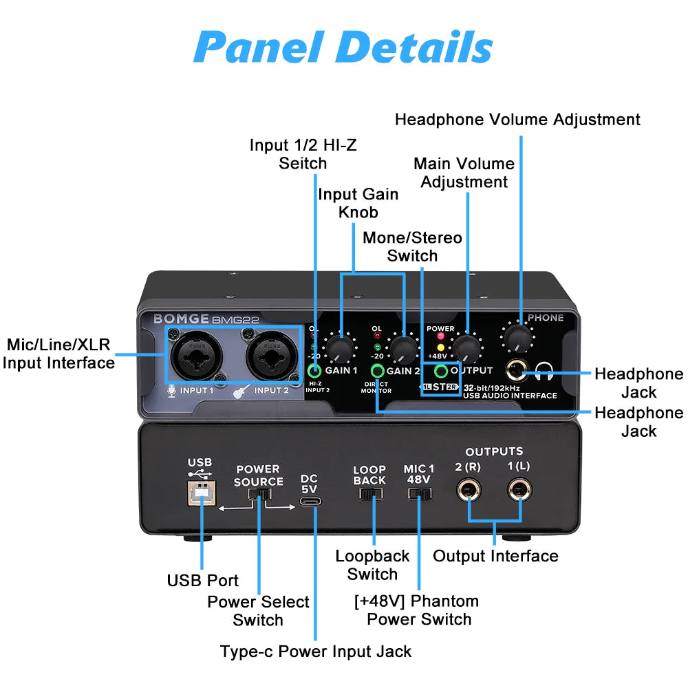 BOMGE Mixer Sound Card 32-bit/192KHz，USB Audio Interface 48V Phantom Power Metal Case for Guitarists Singers and Podcaster
