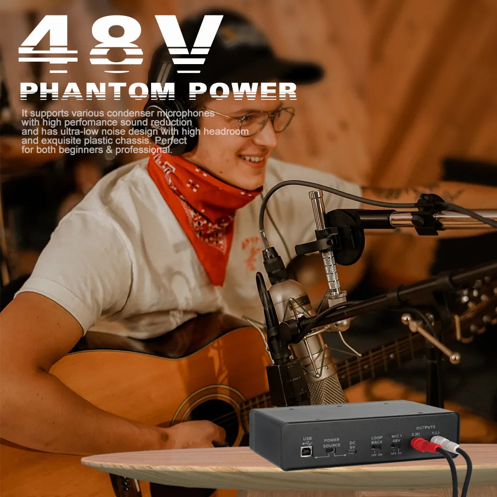 BOMGE Mixer Sound Card 32-bit/192KHz，USB Audio Interface 48V Phantom Power Metal Case for Guitarists Singers and Podcaster