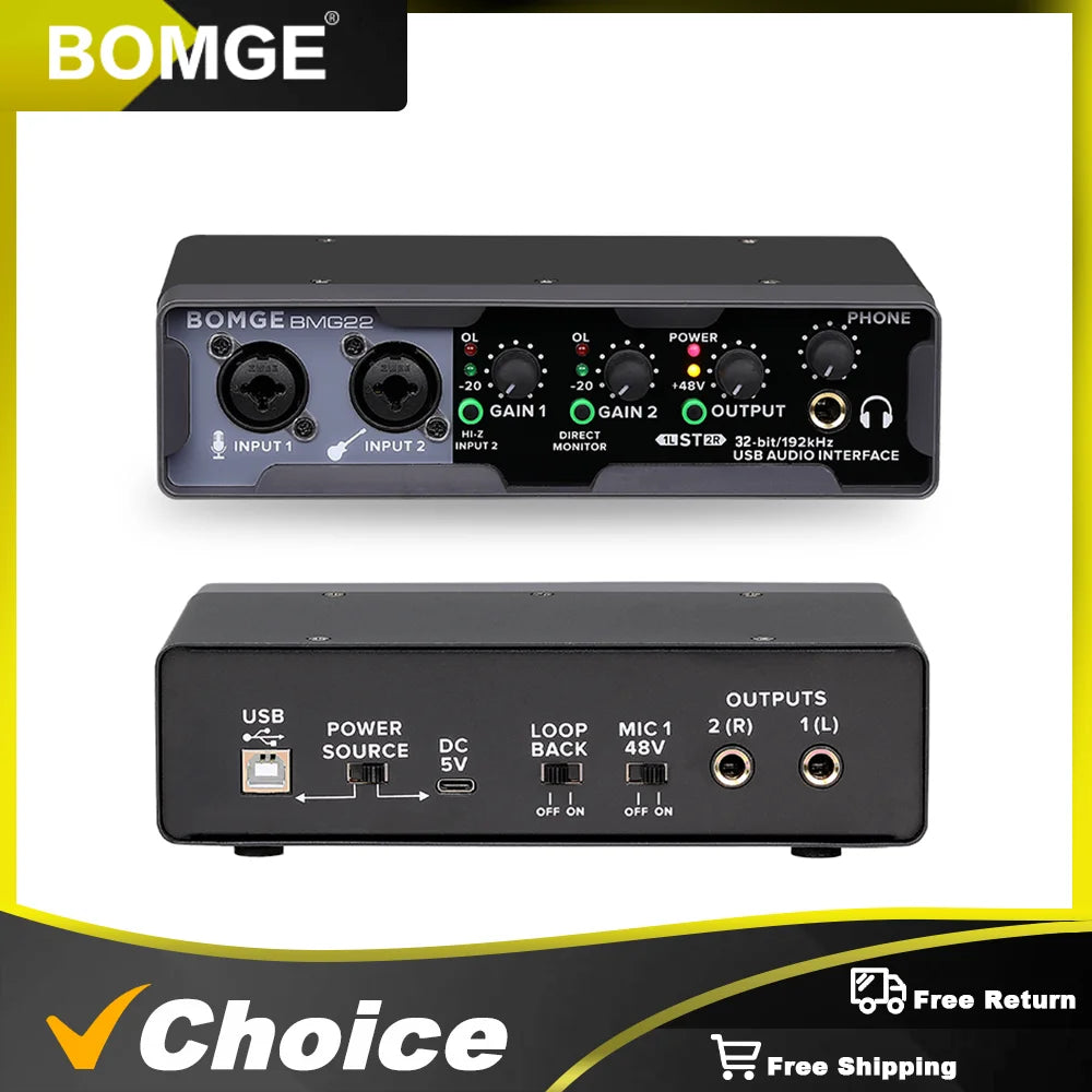 BOMGE Mixer Sound Card 32-bit/192KHz，USB Audio Interface 48V Phantom Power Metal Case for Guitarists Singers and Podcaster