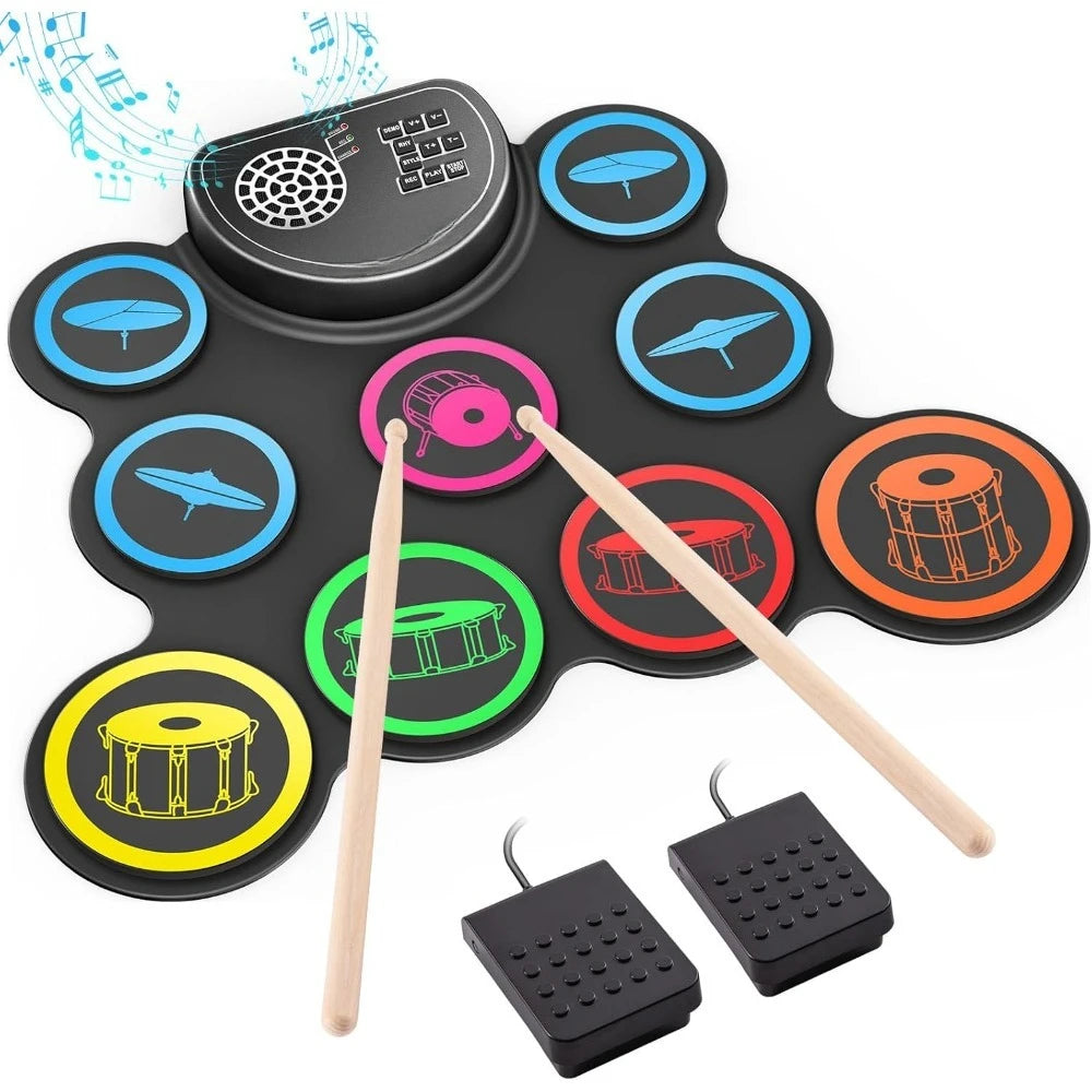 Electronic Drum Set 9-Pad Roll Up Practice Kit with Headphone Jack Built-in Speaker Pedals Sticks Gift for Kids