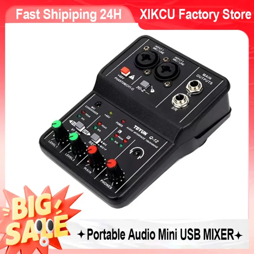 Professional Portable Audio Interface Sound Card Console 2 Channels Mini USB MIXER for Guitar Recording Studio Singing TEYUN Q12