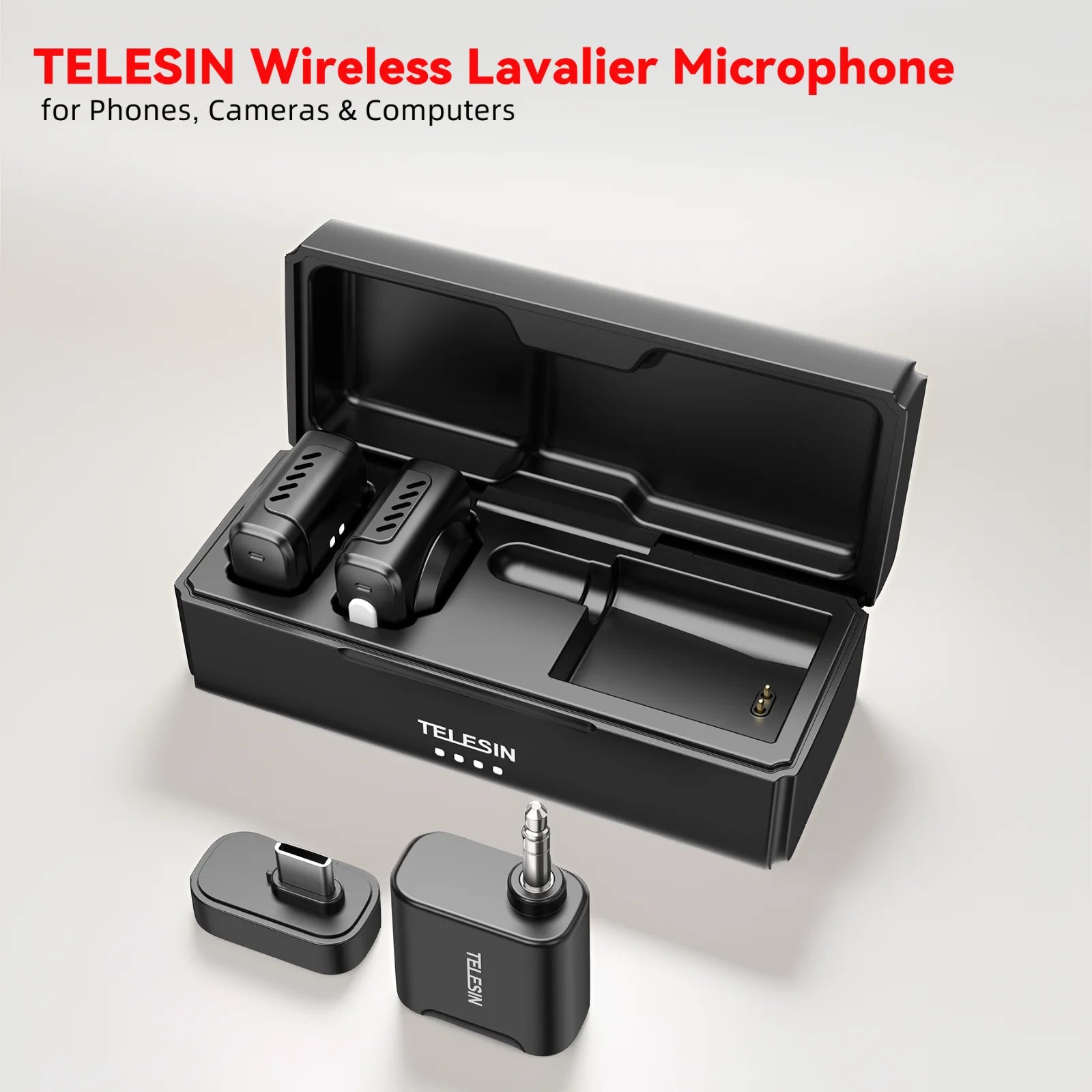 TELESIN 2-in-1 Wireless Lavalier Microphone with Charging Case, One-Click Noise Reduction Fit for Phones, Cameras & Computers