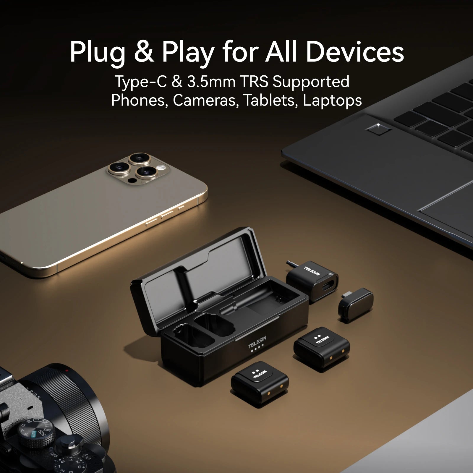 TELESIN 2-in-1 Wireless Lavalier Microphone with Charging Case, One-Click Noise Reduction Fit for Phones, Cameras & Computers