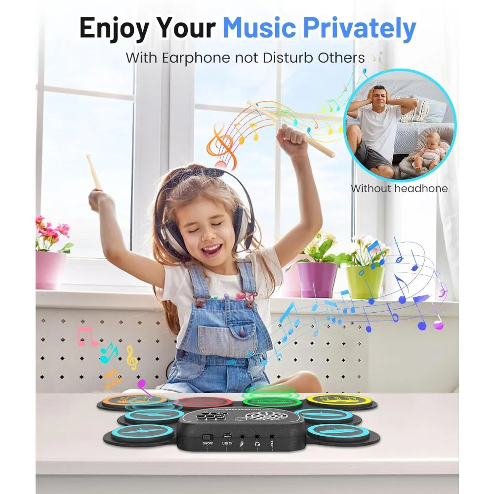 Electronic Drum Set 9-Pad Roll Up Practice Kit with Headphone Jack Built-in Speaker Pedals Sticks Gift for Kids