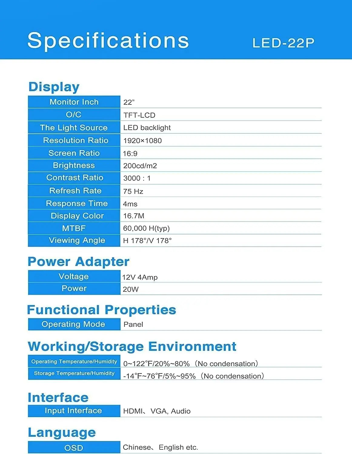 Security Camera Monitor Screen, 22 Inch 1080P Thin LED PC Monitor with Built in Speaker Compatible with CCTV Security DVR NVR
