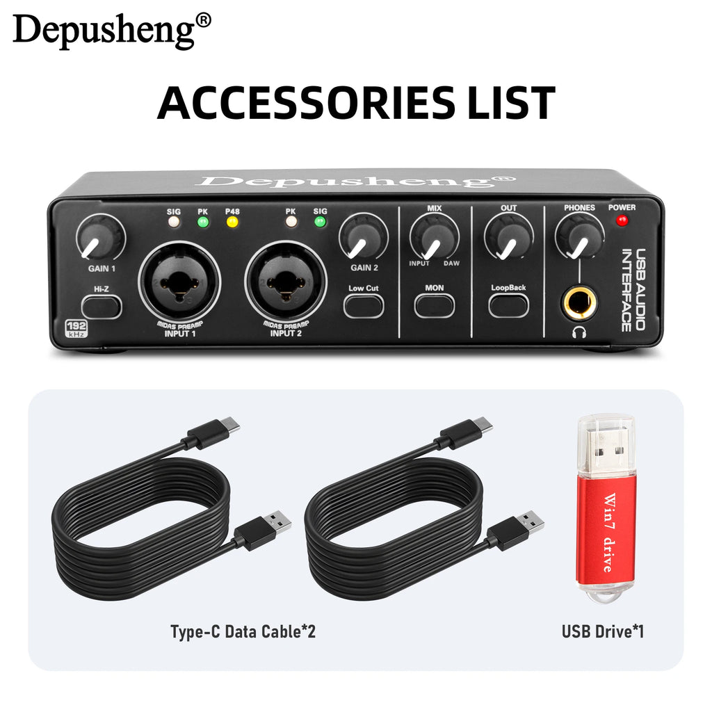 Audio Interface Portable Sound Card Mixer For 48V Mic 2 Channels Musical Instrument Line Input Recording