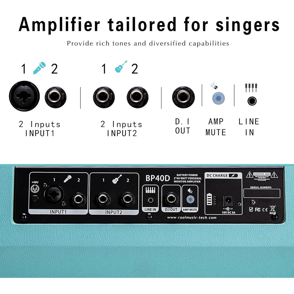 Powered Acoustic Guitar Amplifier- Portable Bluetooth Speaker 80W W/Battery with Reverb Chorus Delay Effect
