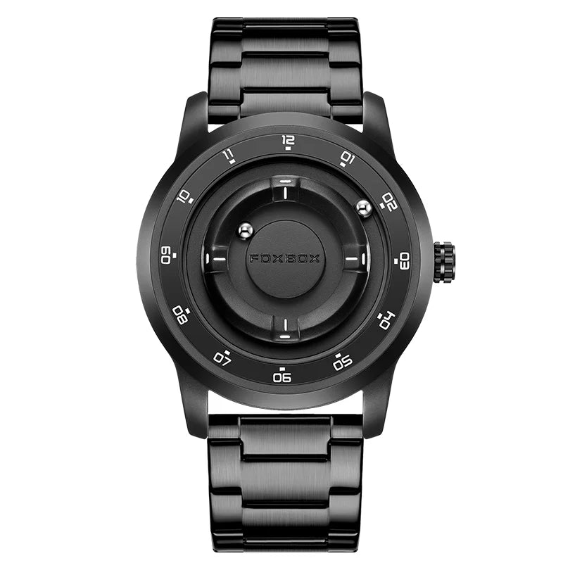 FOXBOX Magnetic Driven Watch Fashion Waterproof Quartz Wristwatch Rolling Steel Ball Pointer Sports Watches Military Clock+Box