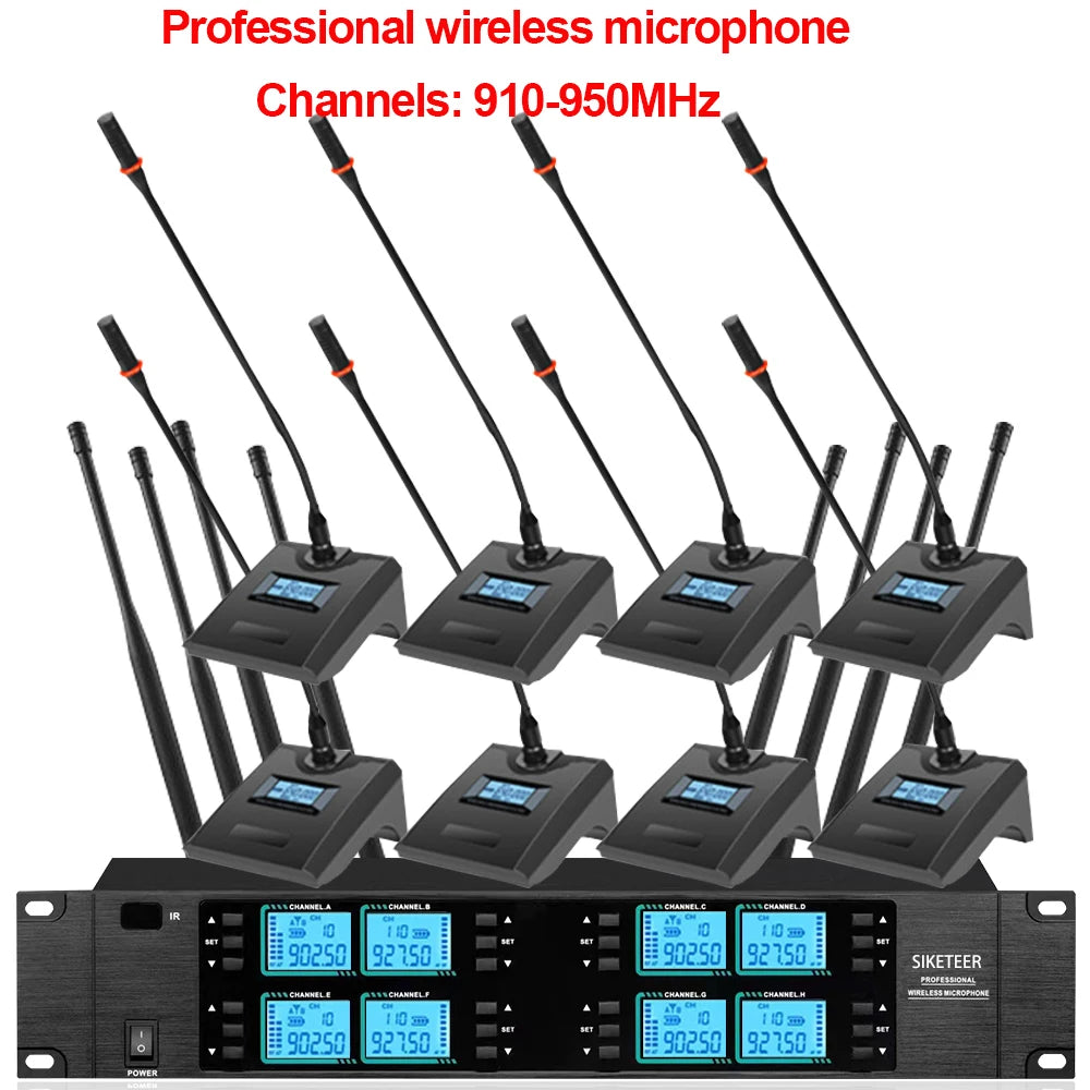 Wireless microphone, 8 channels, 910-950MHz, handheld microphone, suitable for weddings, churches, and stage performances.