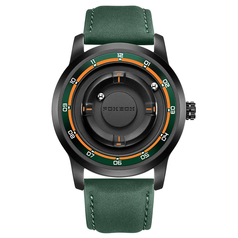 FOXBOX Magnetic Driven Watch Fashion Waterproof Quartz Wristwatch Rolling Steel Ball Pointer Sports Watches Military Clock+Box