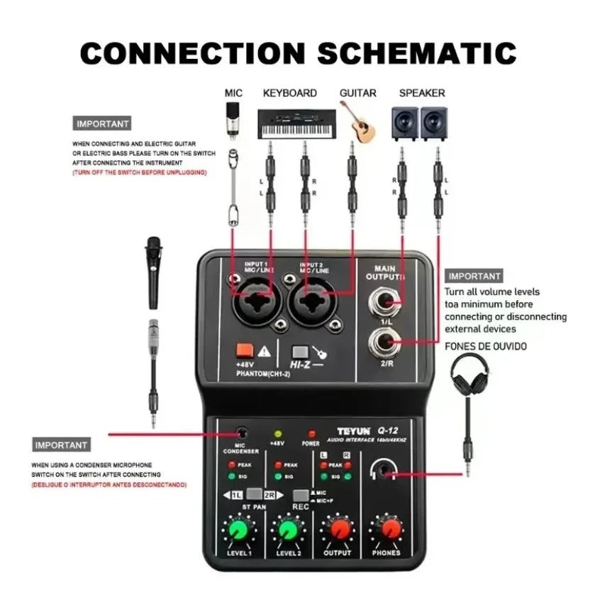 Professional Portable Audio Interface Sound Card Console 2 Channels Mini USB MIXER for Guitar Recording Studio Singing TEYUN Q12