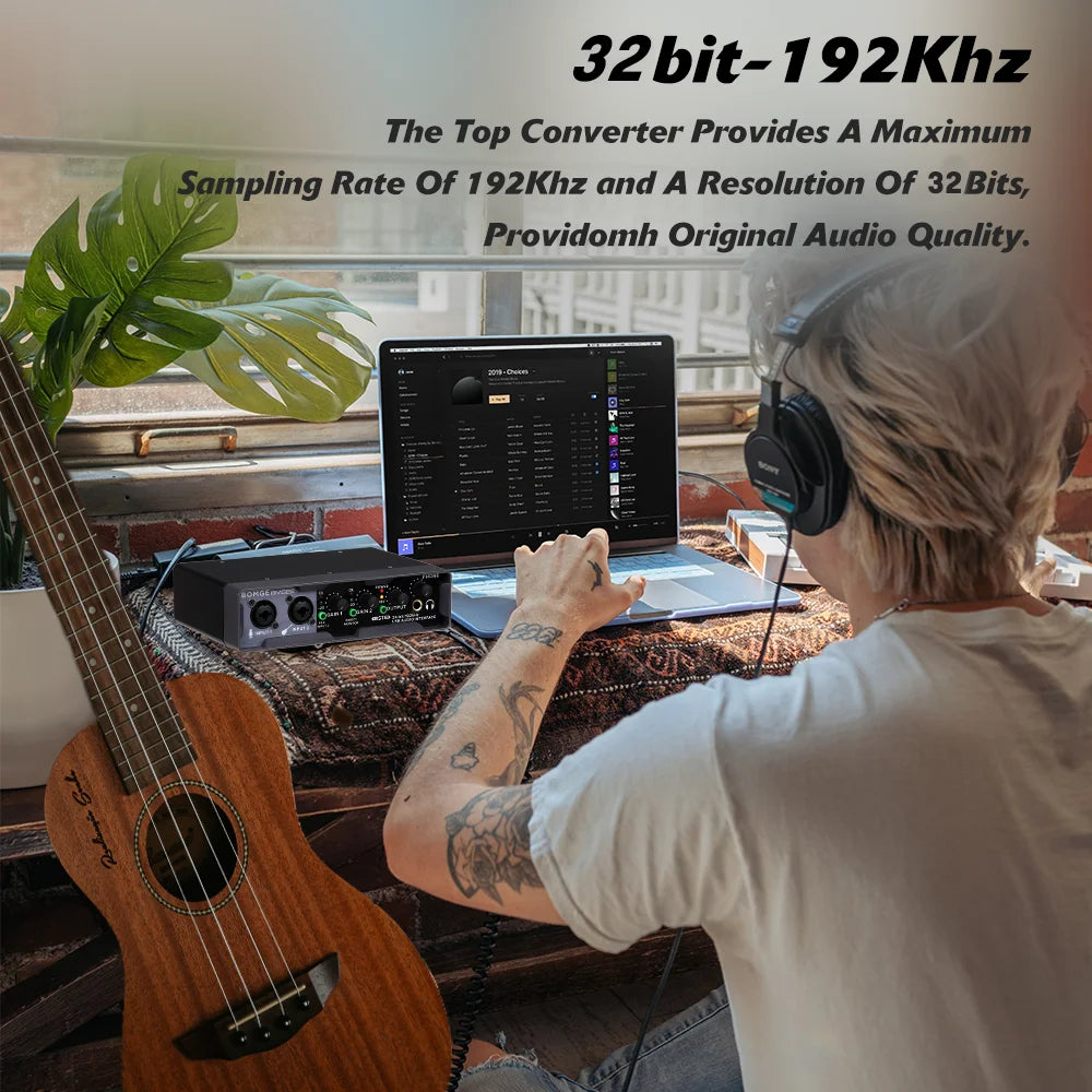 BOMGE Mixer Sound Card 32-bit/192KHz，USB Audio Interface 48V Phantom Power Metal Case for Guitarists Singers and Podcaster