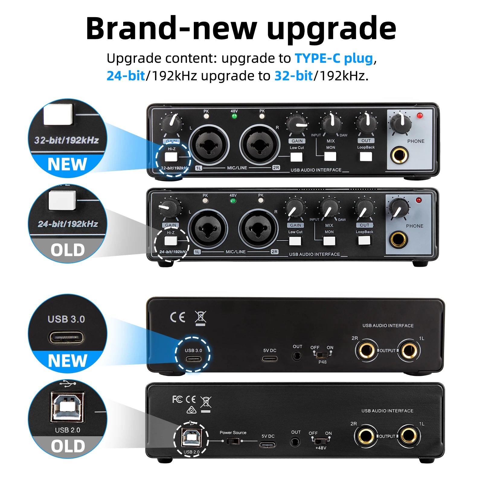 Audio Interface Portable Sound Card Mixer For 48V Mic 2 Channels Musical Instrument Line Input Recording