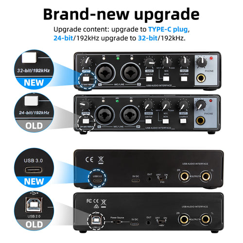 Audio Interface Portable Sound Card Mixer For 48V Mic 2 Channels Musical Instrument Line Input Recording