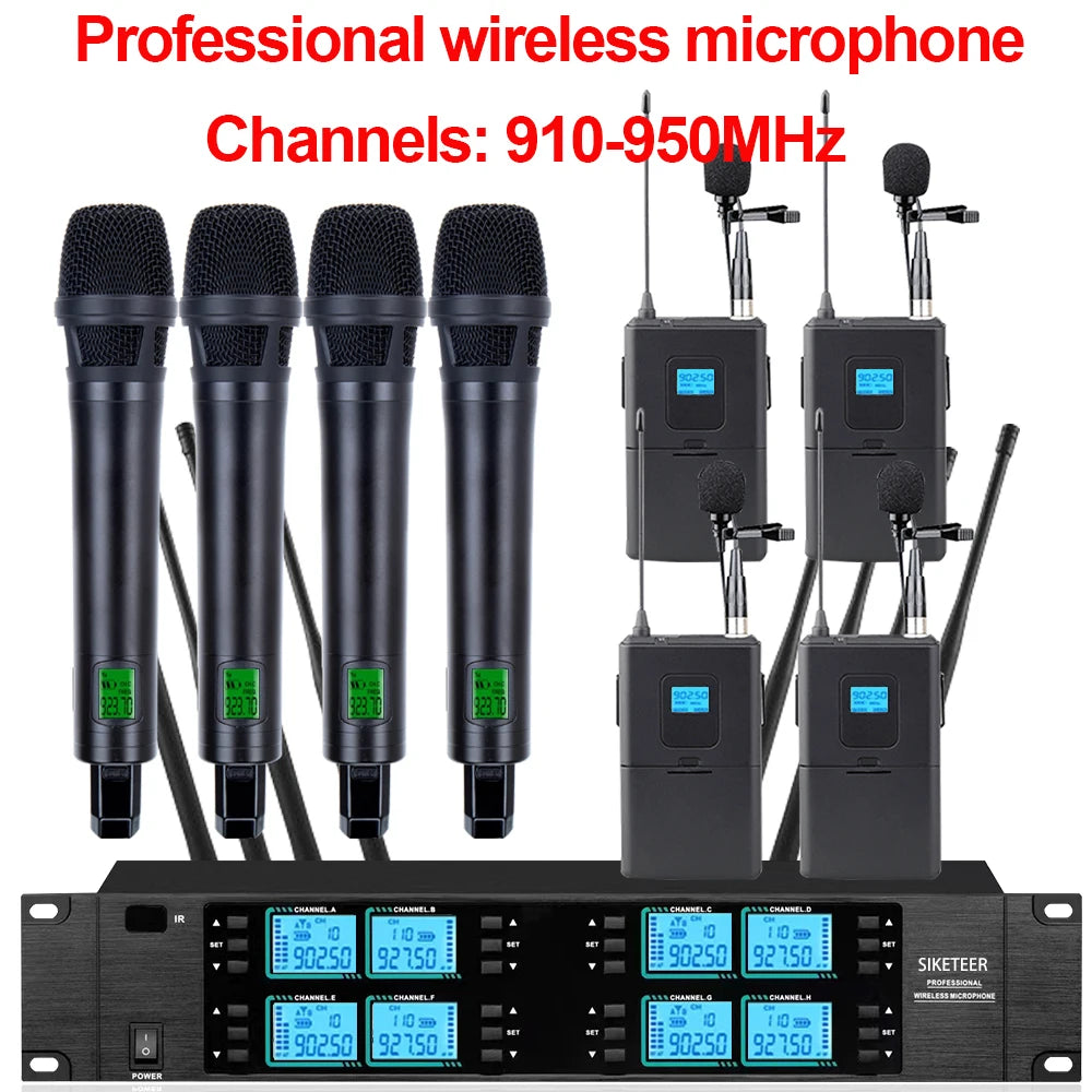 Wireless microphone, 8 channels, 910-950MHz, handheld microphone, suitable for weddings, churches, and stage performances.