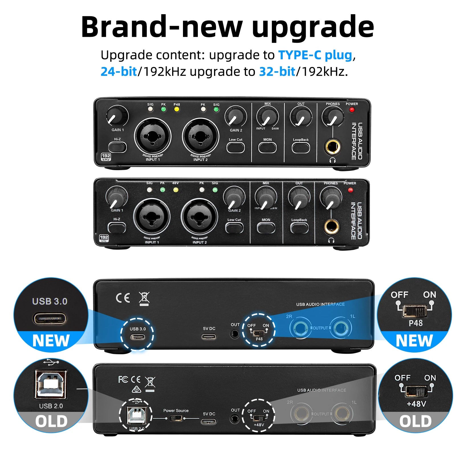 Audio Interface Portable Sound Card Mixer For 48V Mic 2 Channels Musical Instrument Line Input Recording