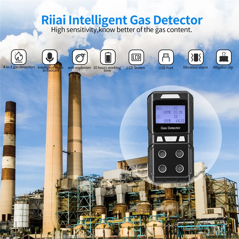 Best Pick Portable 4 Gas Detector Toxic And Combustible Gas Detector Analyzer High Precision EX O2 H2S CO US Plug