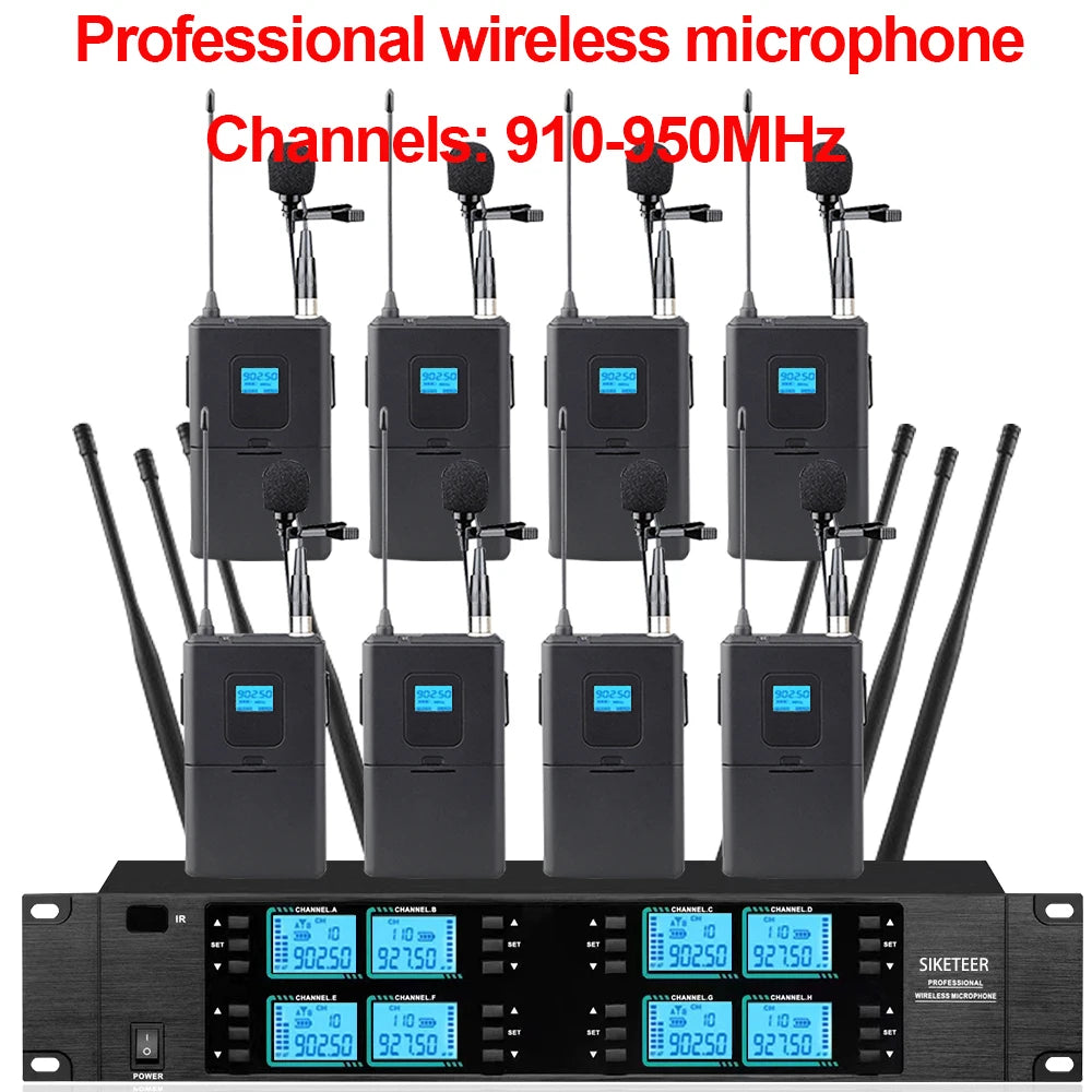 Wireless microphone, 8 channels, 910-950MHz, handheld microphone, suitable for weddings, churches, and stage performances.