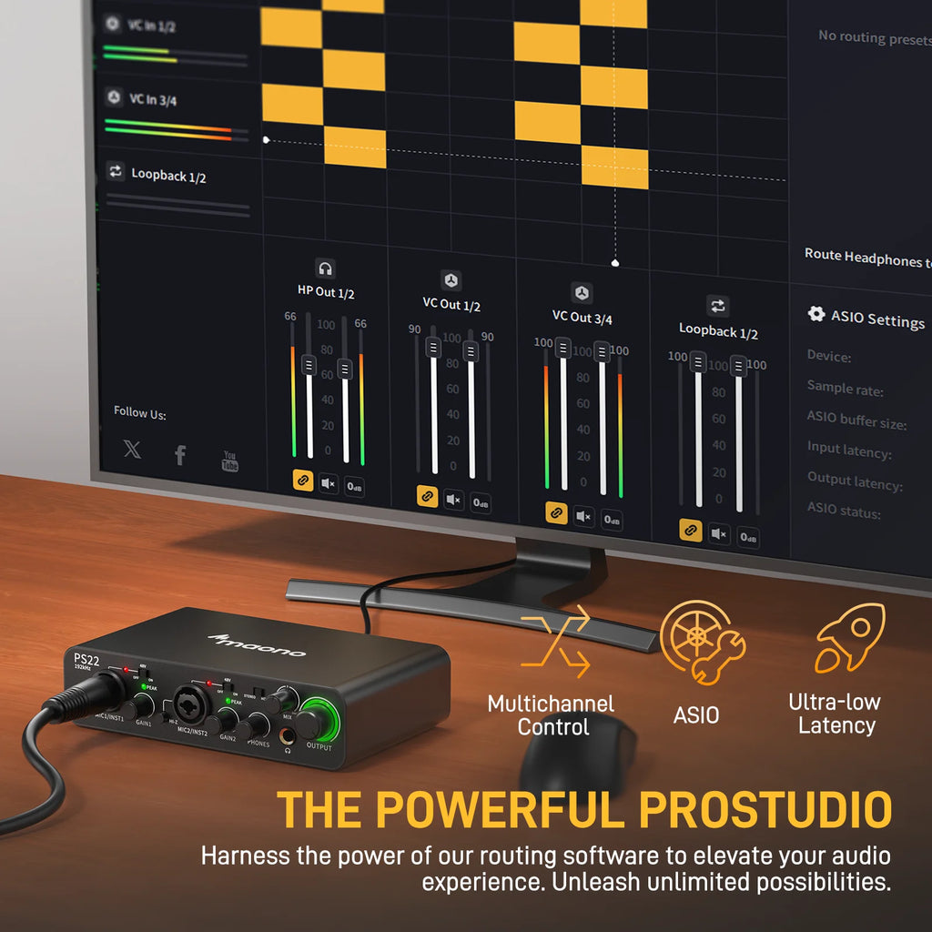 MAONO-PS22 USB Audio Interface for PC,60dB Pro-Preamp, 24bit 192kHz,Dual USB Interface for PC and Smartphone, Routing Software