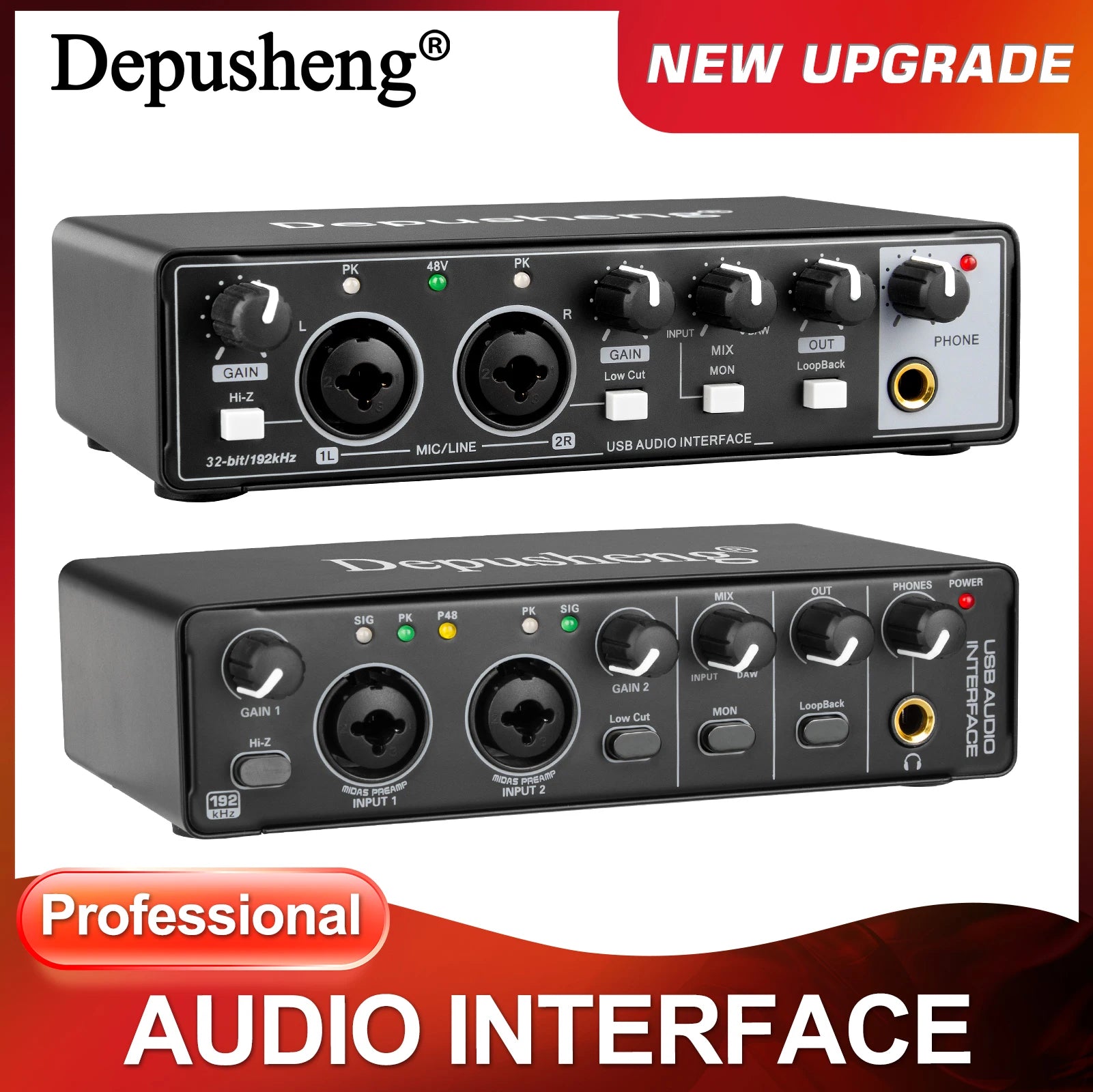 Audio Interface Portable Sound Card Mixer For 48V Mic 2 Channels Musical Instrument Line Input Recording
