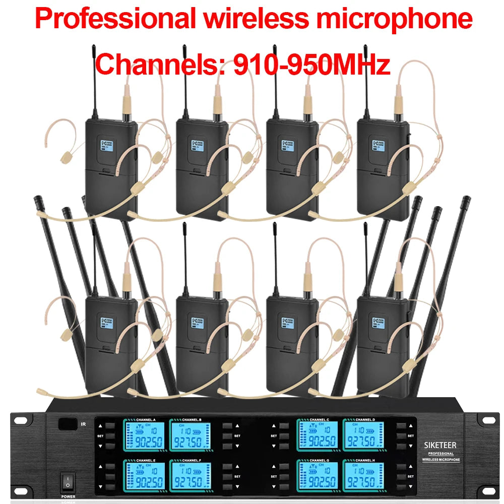 Wireless microphone, 8 channels, 910-950MHz, handheld microphone, suitable for weddings, churches, and stage performances.