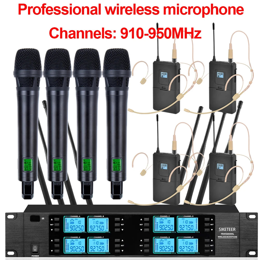 Wireless microphone, 8 channels, 910-950MHz, handheld microphone, suitable for weddings, churches, and stage performances.