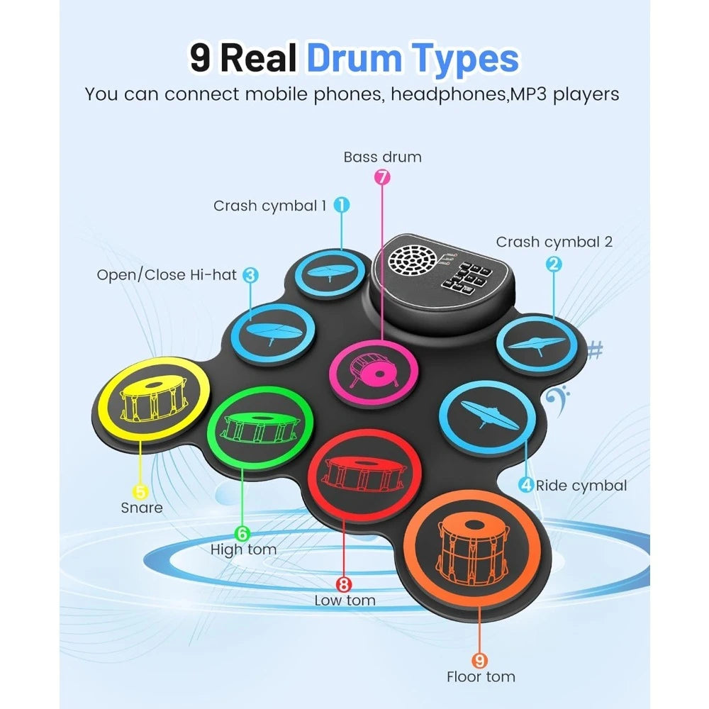 Electronic Drum Set 9-Pad Roll Up Practice Kit with Headphone Jack Built-in Speaker Pedals Sticks Gift for Kids