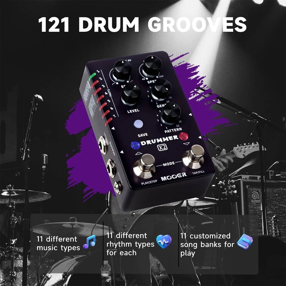 MOOER Drummer X2 drum machine guitar pedal with 121 grooves 11 music styles 7 rhythm slots filling function for Electric Guitar