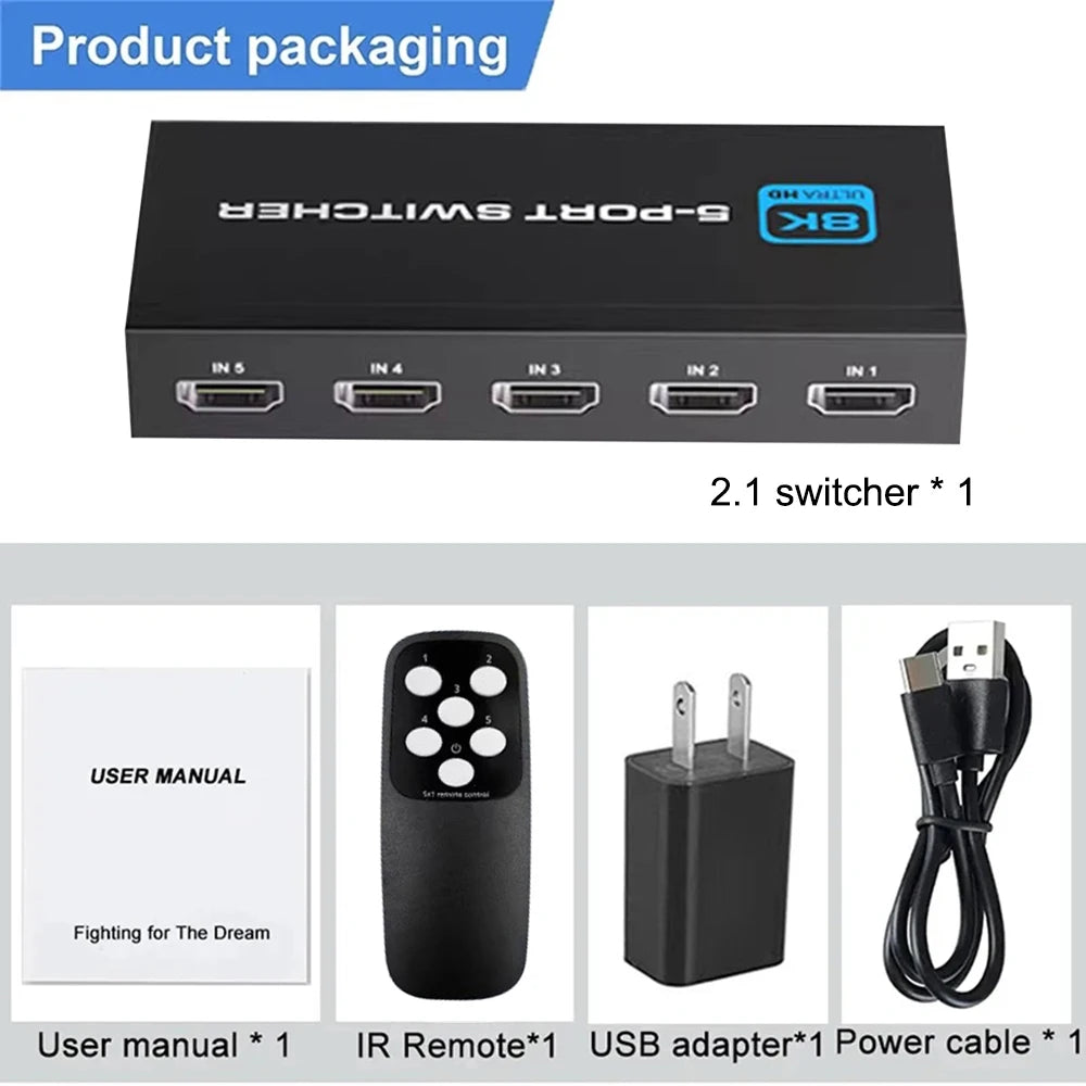 NEW 5 in 1 out 4K 120Hz HDMI-compatible 2.1 Switcher SelectorHD Switch 4 IN 1 8K 60Hz HDMI-compatible Splitter for laptop Switch