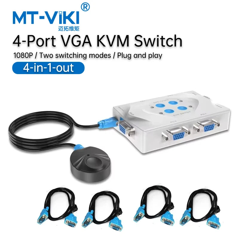 MT-Viki Smart Kvm Switch VGA Selector 4 Port Hotkey Wired Remote Controller Select Auto Scan 1920x1440 Send Cables MT-401KL