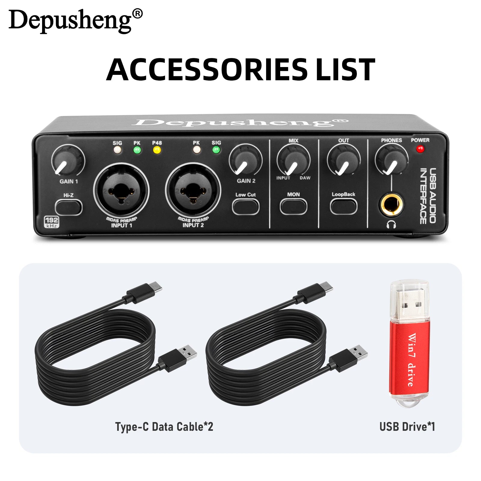 Audio Interface Portable Sound Card Mixer For 48V Mic 2 Channels Musical Instrument Line Input Recording