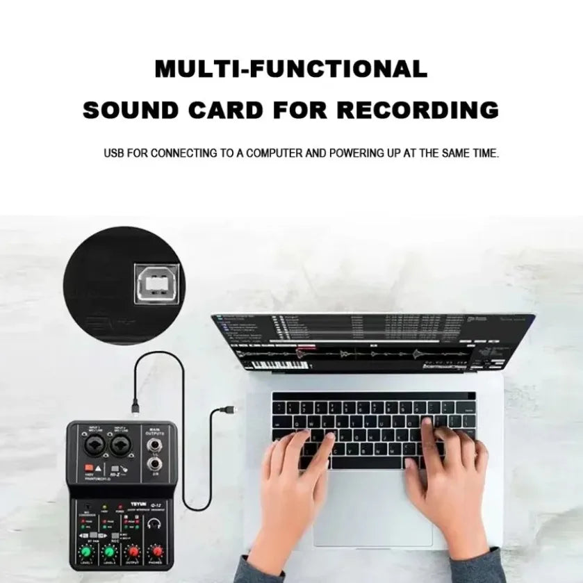 Professional Portable Audio Interface Sound Card Console 2 Channels Mini USB MIXER for Guitar Recording Studio Singing TEYUN Q12