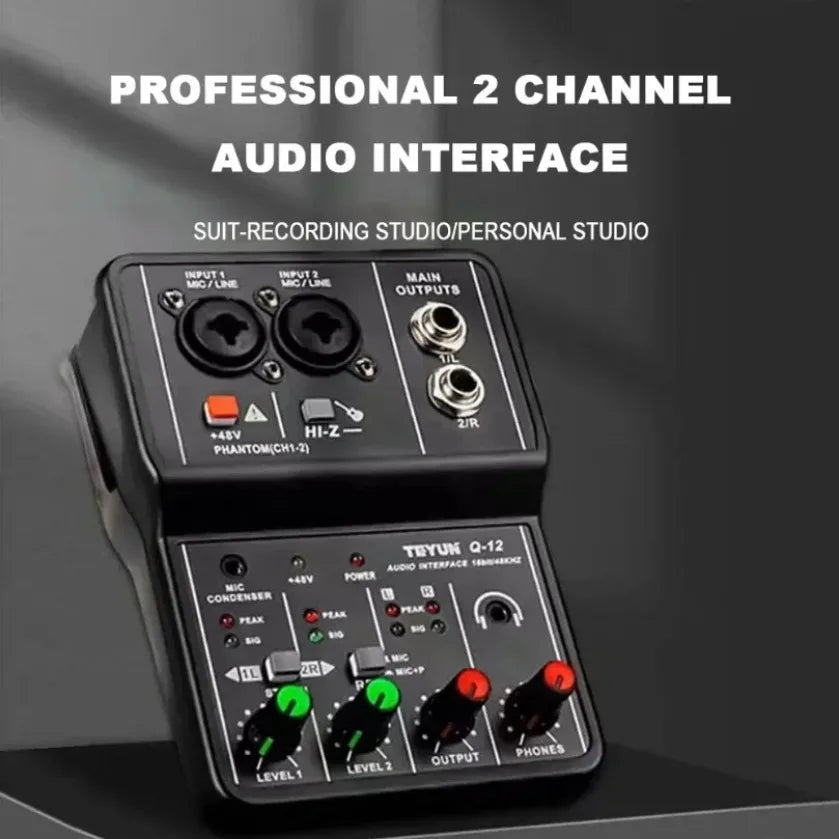 Professional Portable Audio Interface Sound Card Console 2 Channels Mini USB MIXER for Guitar Recording Studio Singing TEYUN Q12