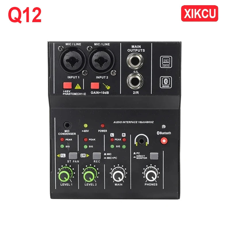 Professional Portable Audio Interface Sound Card Console 2 Channels Mini USB MIXER for Guitar Recording Studio Singing TEYUN Q12